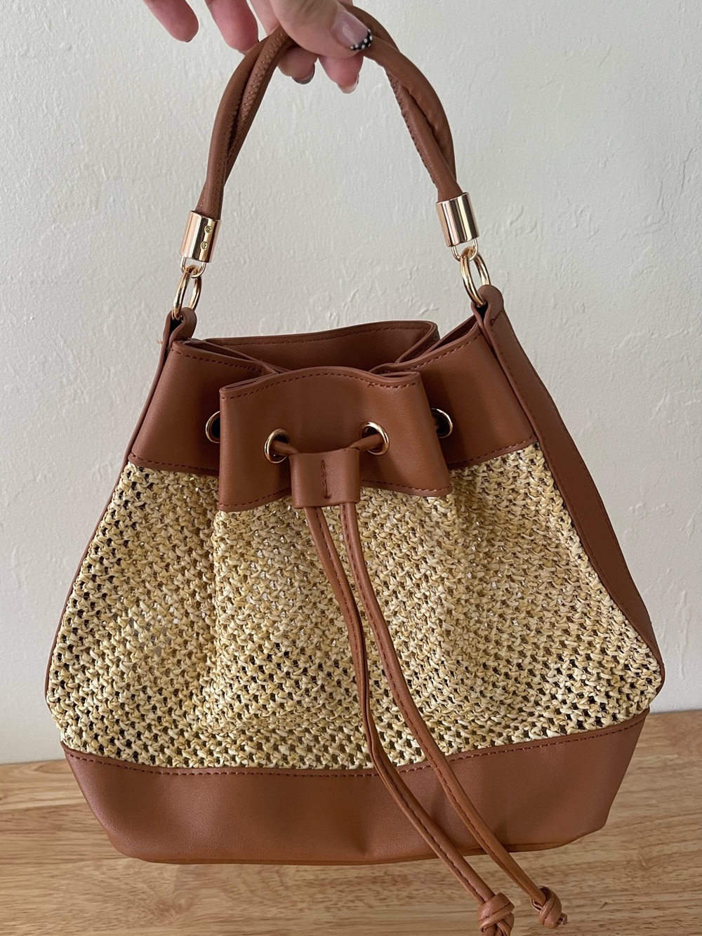 Woven Straw Drawstring Bucket Bag in Brown summer chic